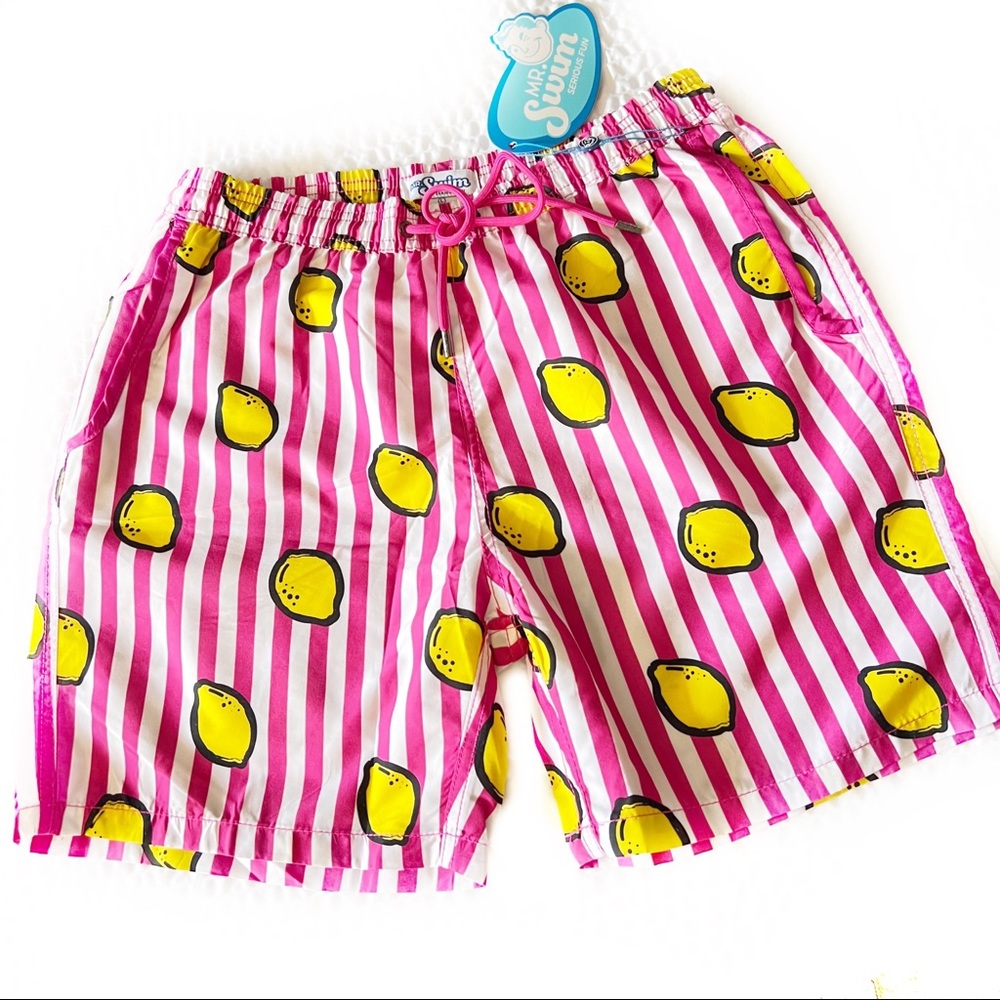 Mr. Swim Lemon Stripes Magenta/White Swim Trunks Men’s Size Large, NWT